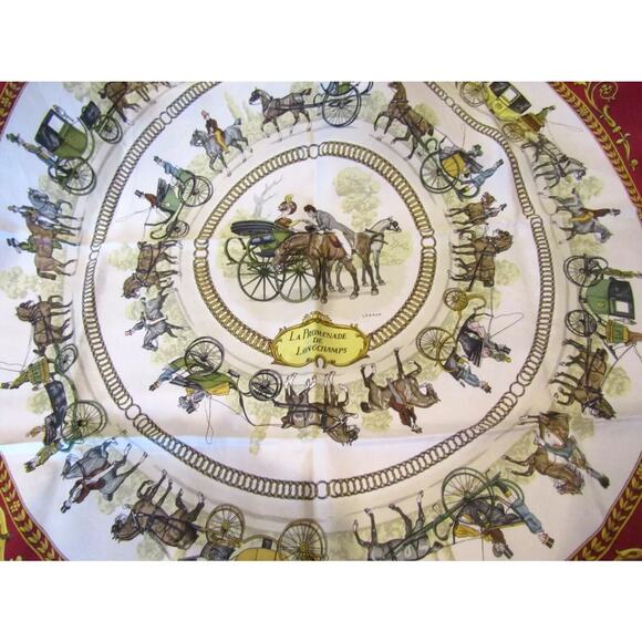 HERMES La Promenade De Longchamps Burgundy, Biege & Gold Silk Scarf 90CM - Picture 3 of 7